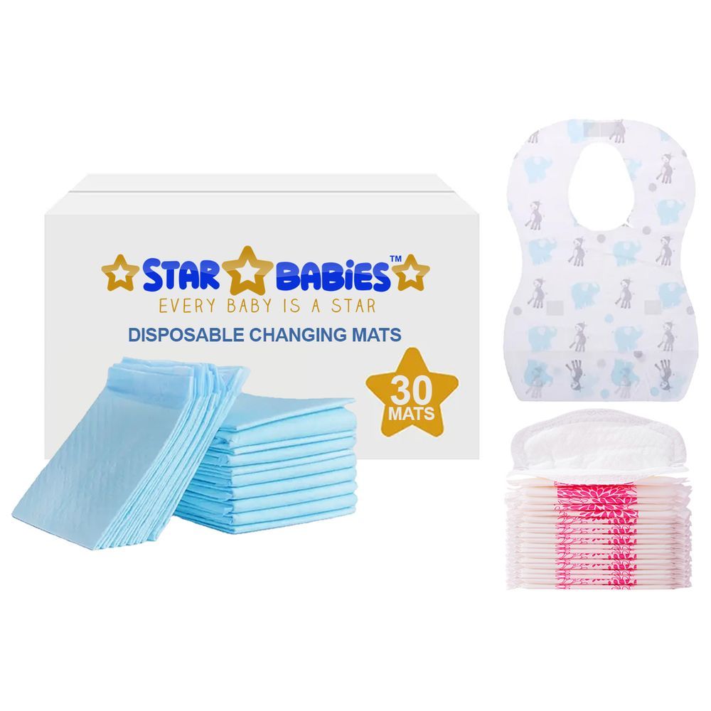 Star Babies - Changing Mat 30pcs w/ Breast Pad 30pcs & Disposable Bibs 30pcs - Blue