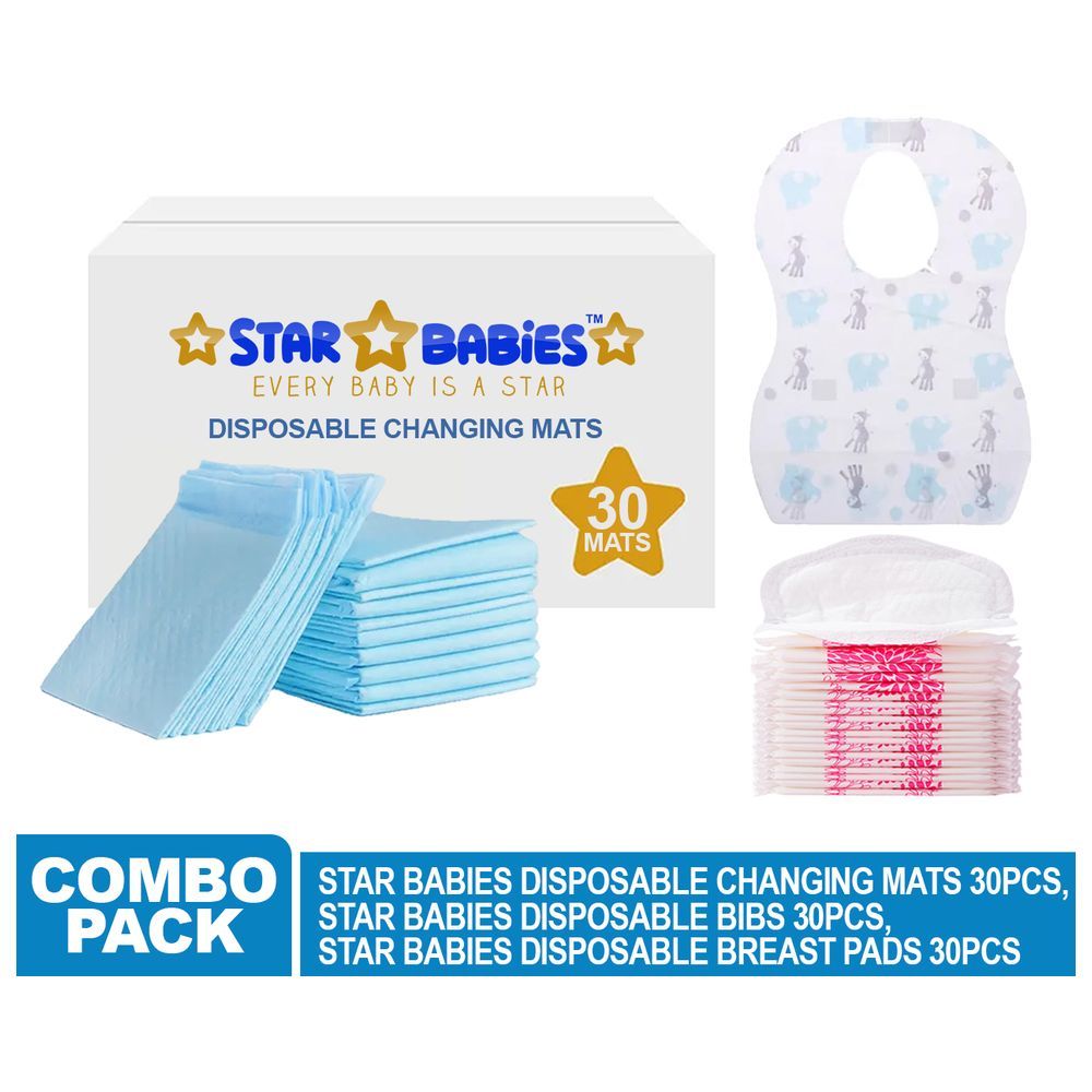 Star Babies - Changing Mat 30pcs w/ Breast Pad 30pcs & Disposable Bibs 30pcs - Blue