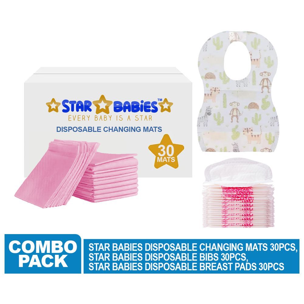 Star Babies - Changing Mat 30pcs w/ Breast Pad 30pcs & Disposable Bibs 30pcs - Pink