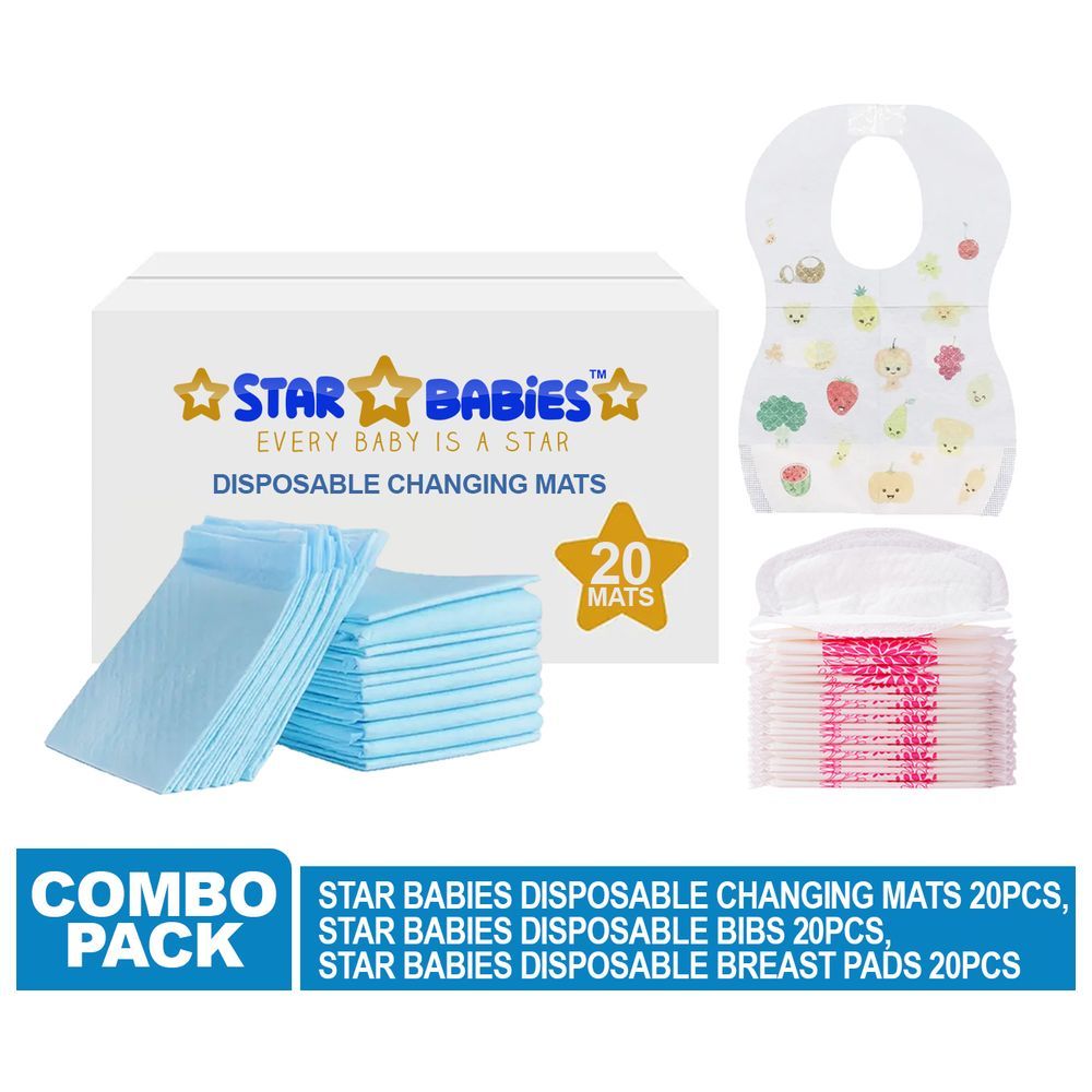 Star Babies - Changing Mat 20pcs w/ Breast Pad 20pcs & Disposable Bibs 20pcs - Blue