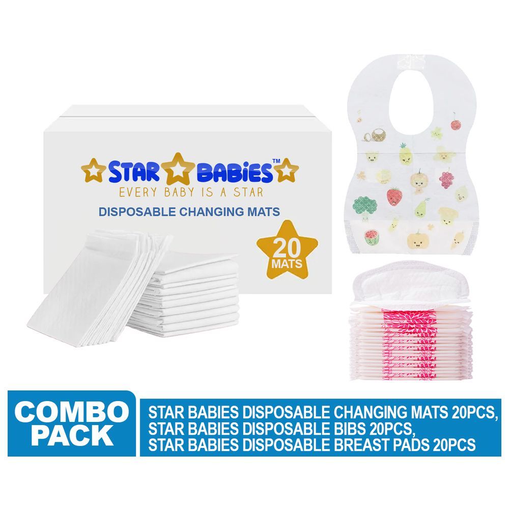 Star Babies - Changing Mat 20pcs w/ Breast Pad 20pcs & Disposable Bibs 20pcs - White