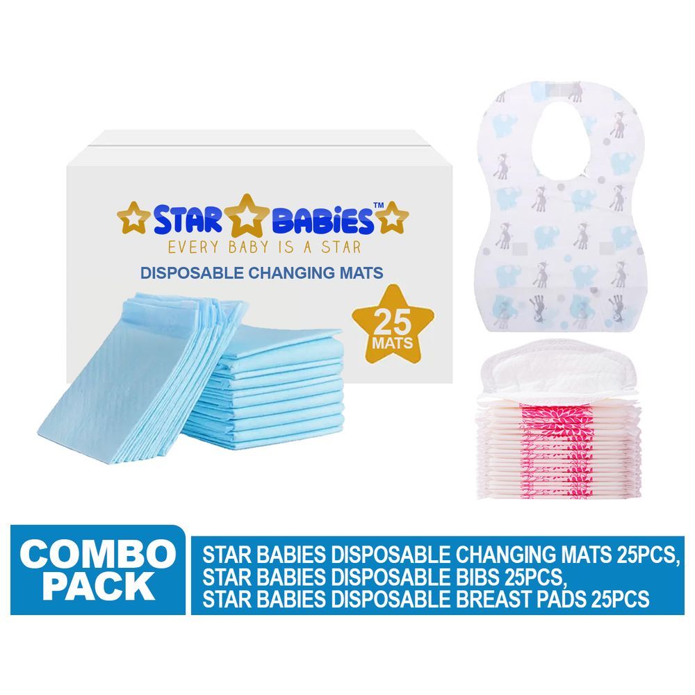 Star Babies - Changing Mat 25pcs w/ Breast Pad 25pcs & Disposable Bibs 25pcs - Blue