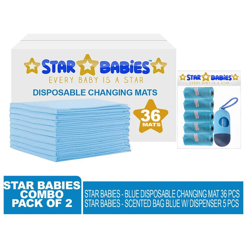 Star Babies - Disposable Changing Mat 36pcs & Scented Bag 5ps w/ Dispenser - Blue