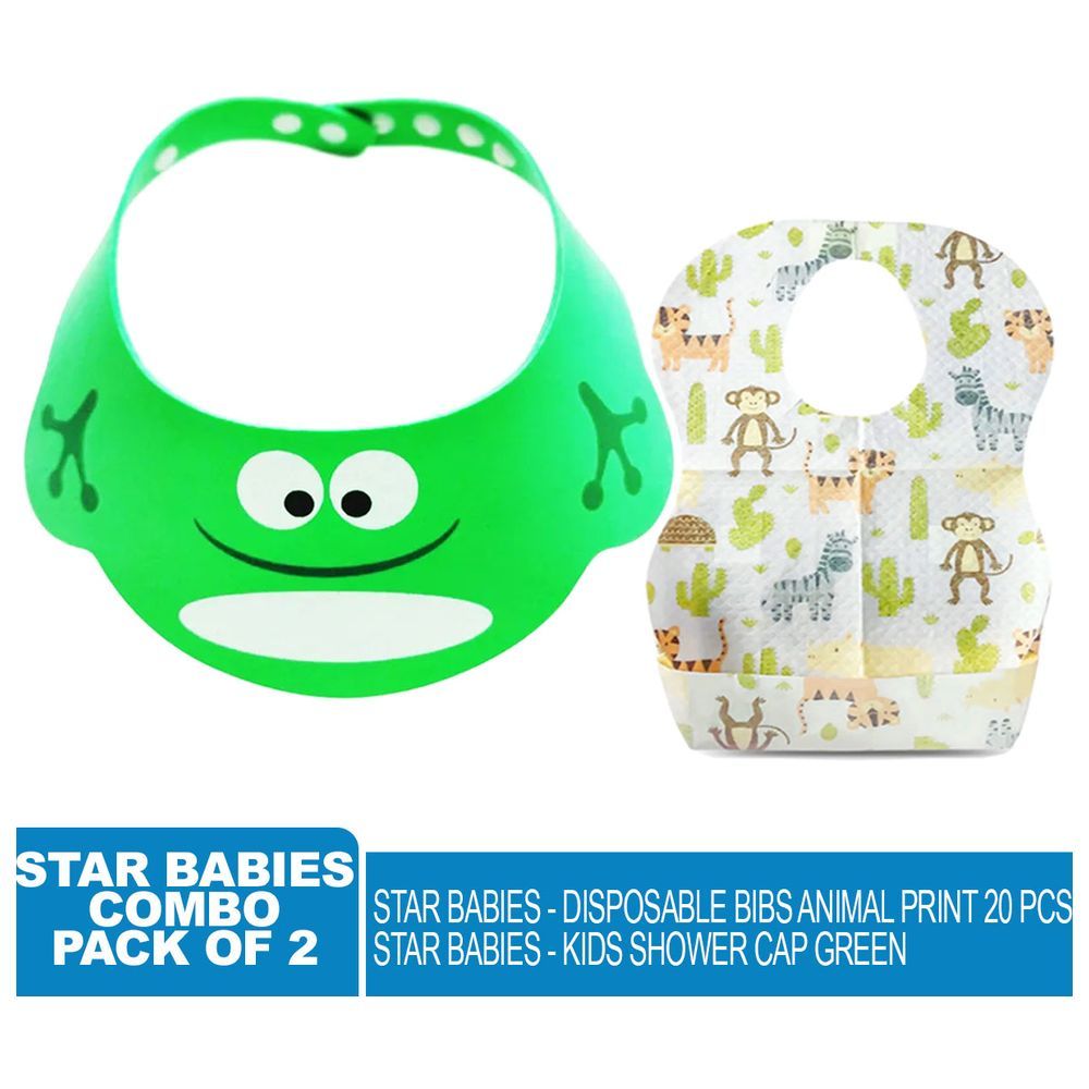 Star Babies - Kids Shower Cap w/ Animal Print Disposable Bibs 20pcs - Green