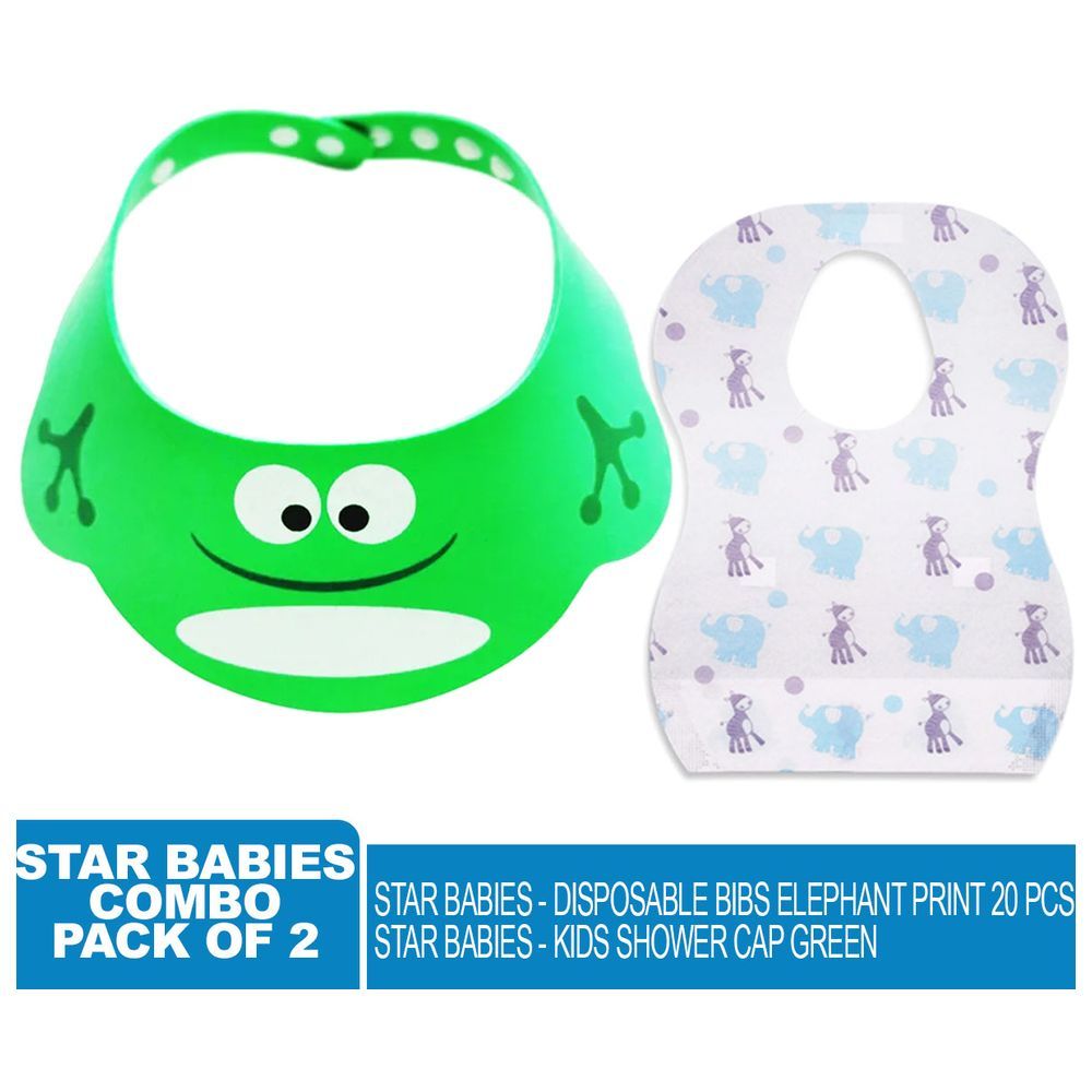 Star Babies - Kids Shower Cap w/ Printed Disposable Bibs 20pcs - Green