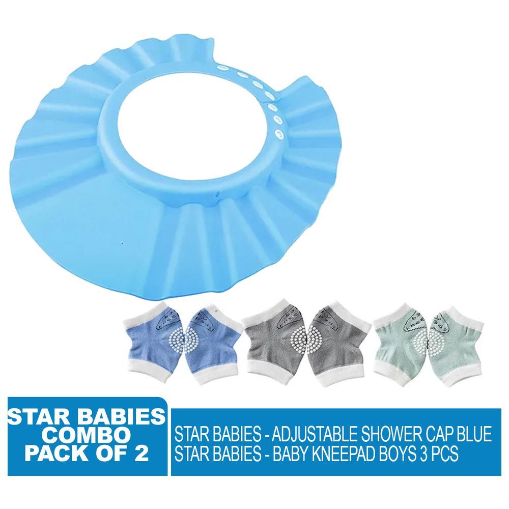 Star Babies - Adjustable Shower Cap w/ Baby Boy's Knee Pad 3pcs - Blue