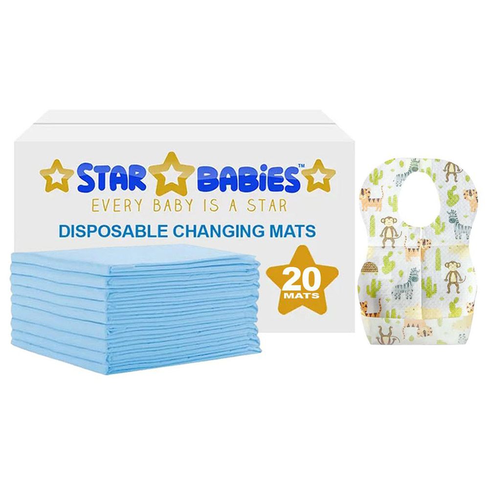 Star Babies - Disposable Changing Mat 20pcs w/ Disposable Printed Bibs 20pcs - Blue