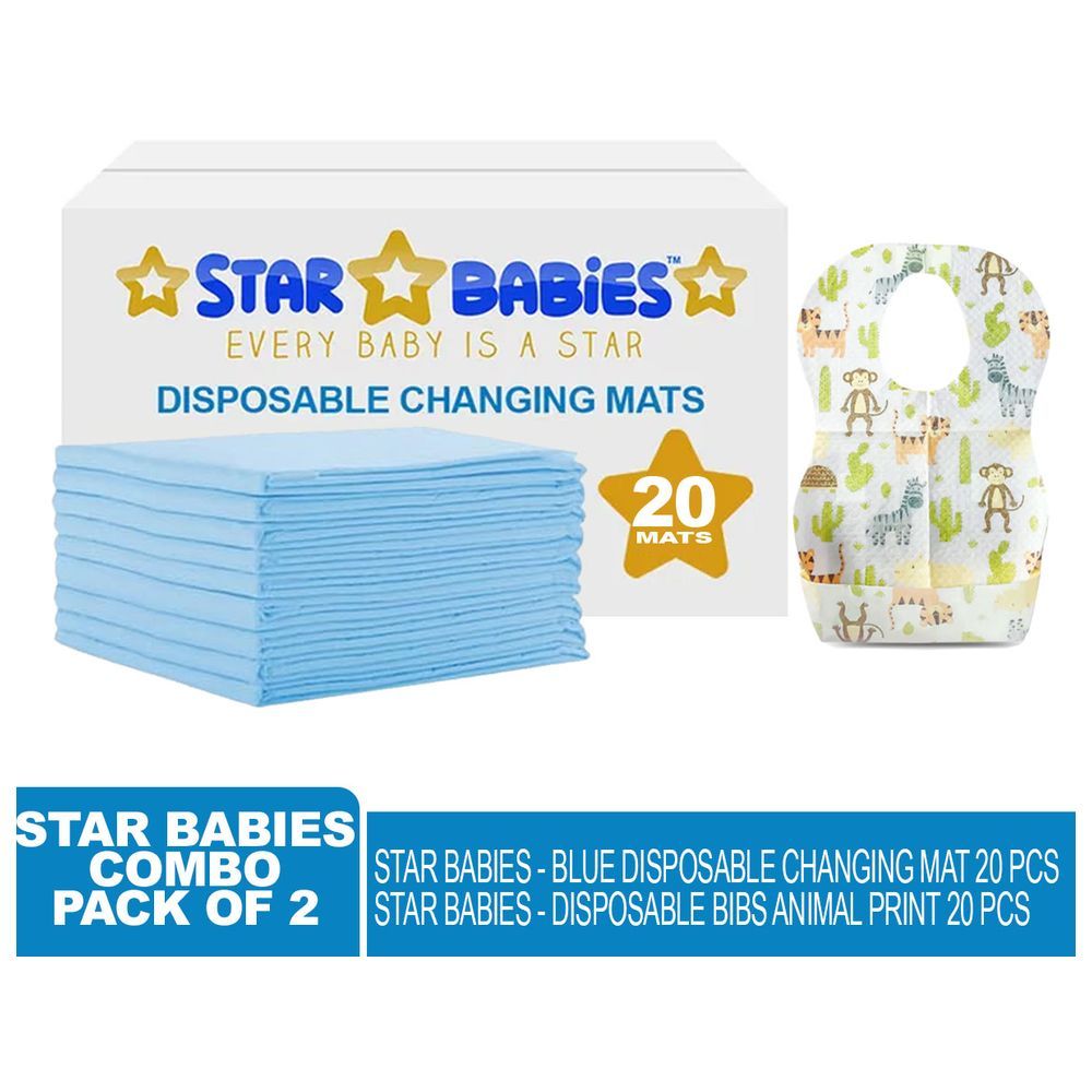 Star Babies - Disposable Changing Mat 20pcs w/ Disposable Printed Bibs 20pcs - Blue