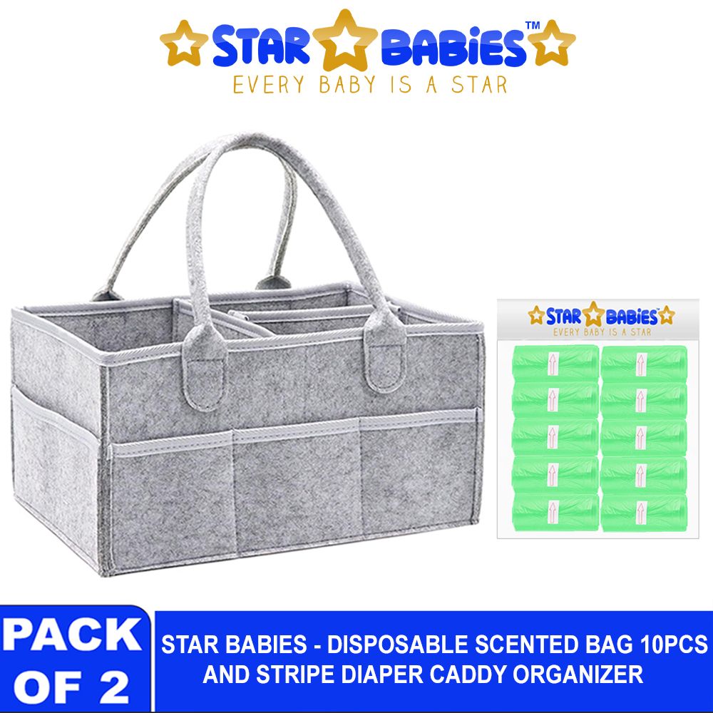 Star Babies - Baby Diaper Caddy & Scented Bag Roll Set - Grey/Green - 11 Pcs