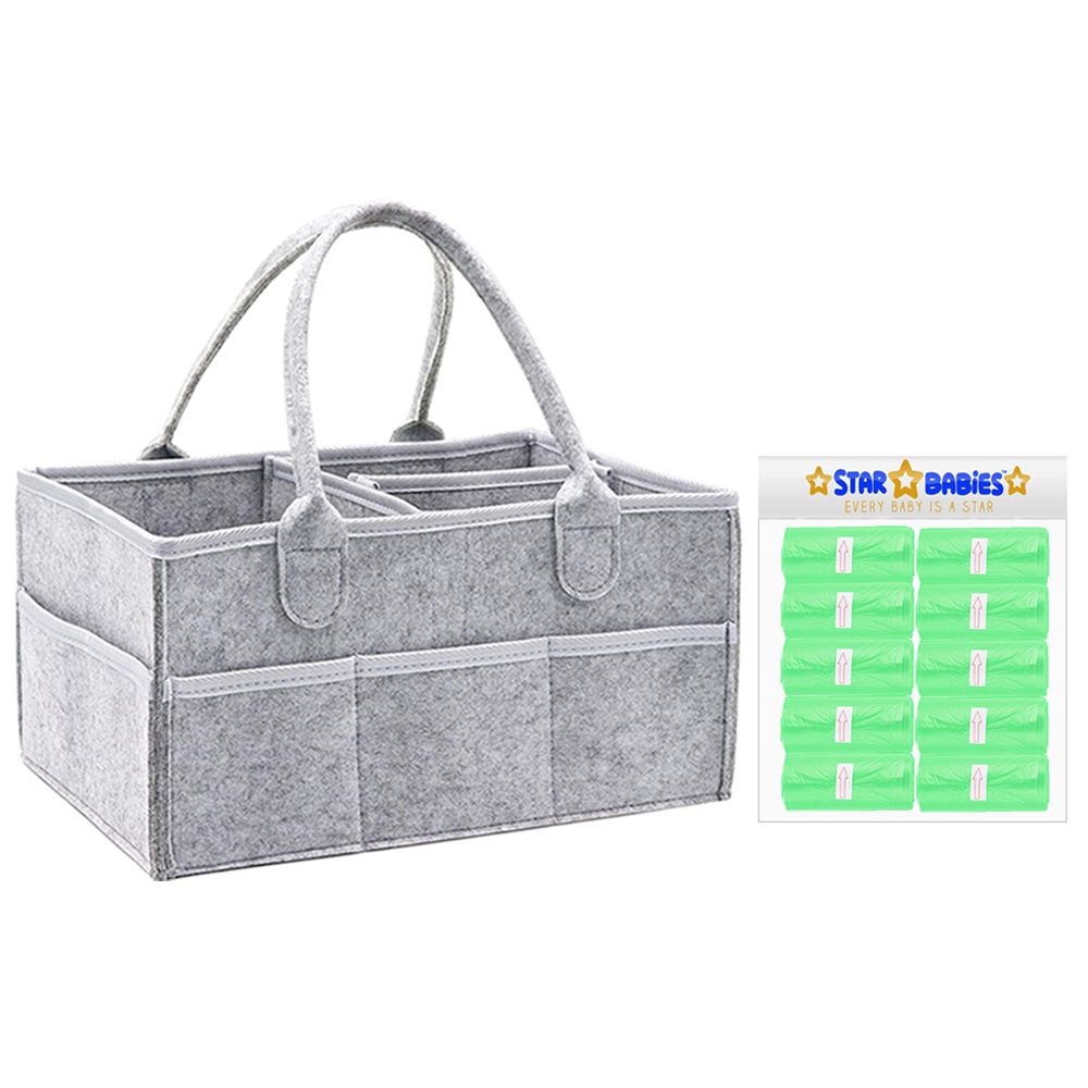 Star Babies - Baby Diaper Caddy & Scented Bag Roll Set - Grey/Green - 11 Pcs