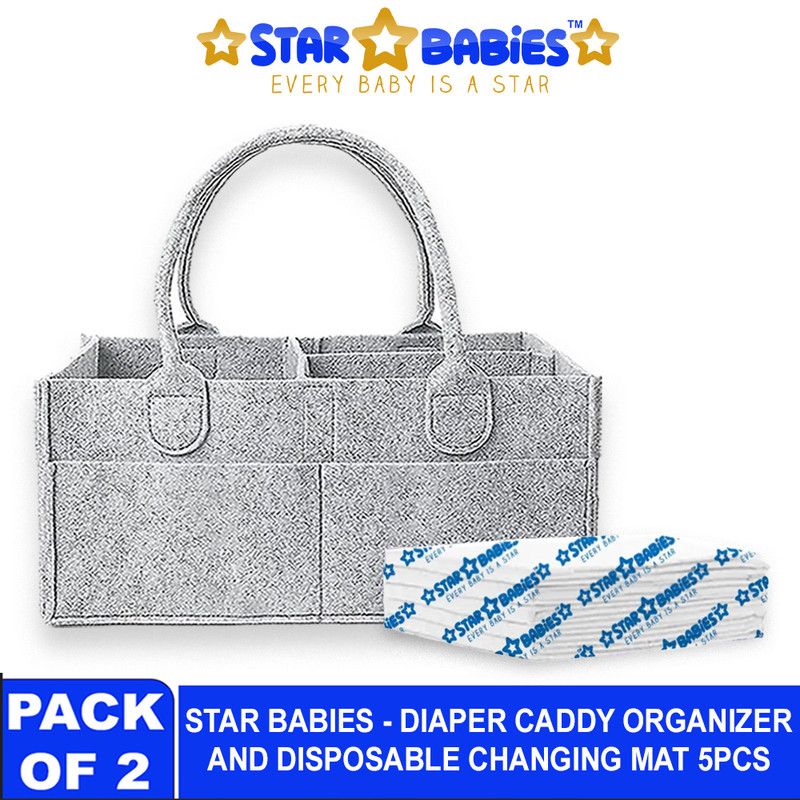 Star Babies - Baby Diaper Caddy Portable Organizer With Disposable Changing Mat - White - 5 Pcs