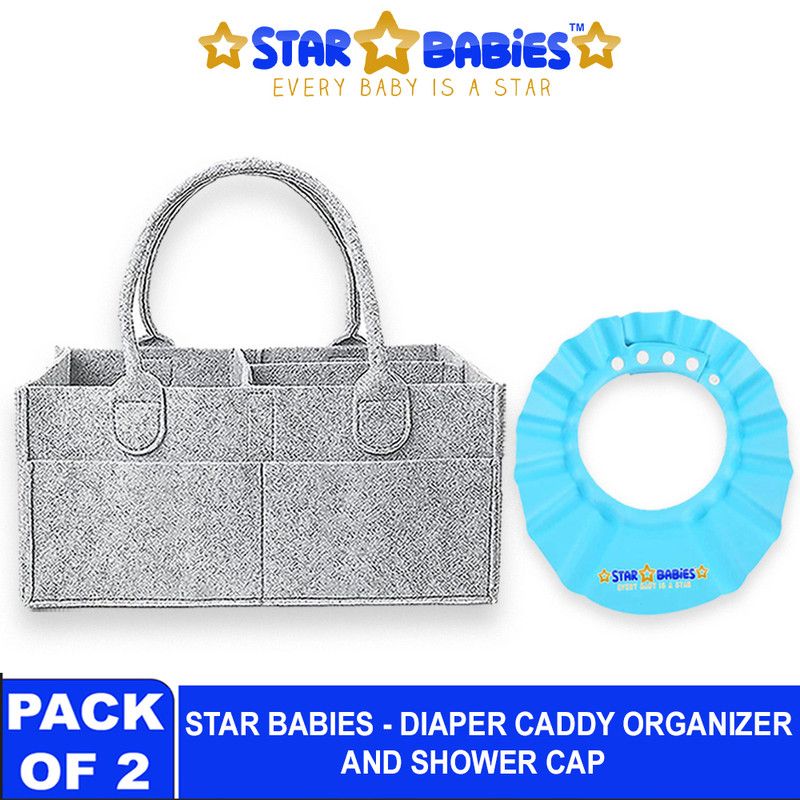 Star Babies - Baby Diaper Caddy Portable Organizer With Kids Shower Cap - Blue