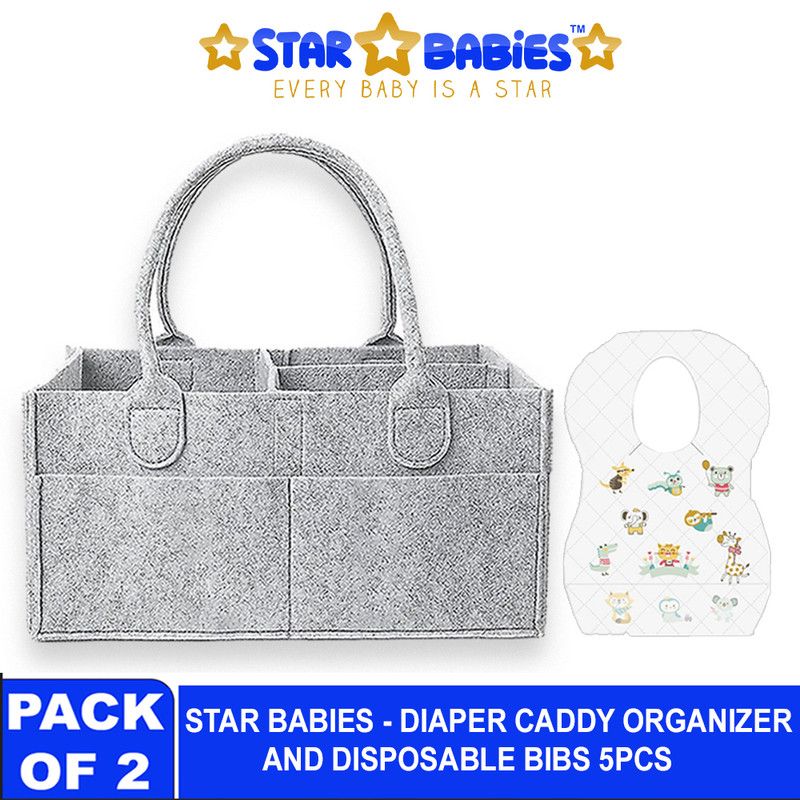 Star Babies - Baby Diaper Caddy Portable Organizer With Disposable Bibs - 5 Pcs