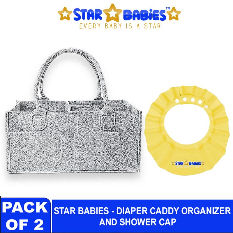 Star Babies - Baby Diaper Caddy Portable Organizer With Kids Adjustable Shower Cap - Yellow