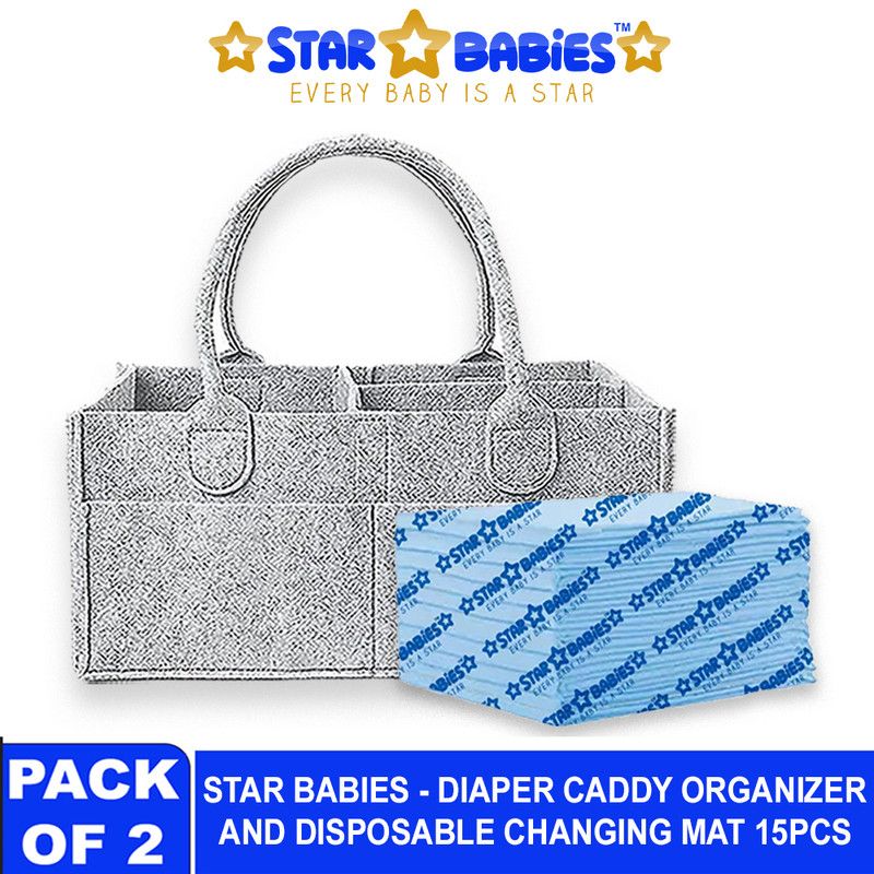 Star Babies - Baby Diaper Caddy Portable Organizer With Disposable Changing Mat - 15 Pcs - Blue