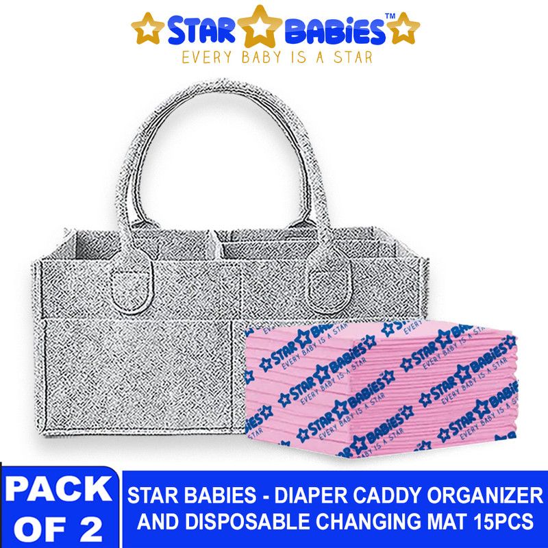 Star Babies - Baby Diaper Caddy Portable Organizer With Disposable Changing Mat - 15 Pcs - Pink