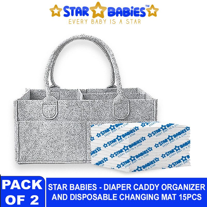 Star Babies - Baby Diaper Caddy Portable Organizer With Disposable Changing Mat - White - 15 Pcs