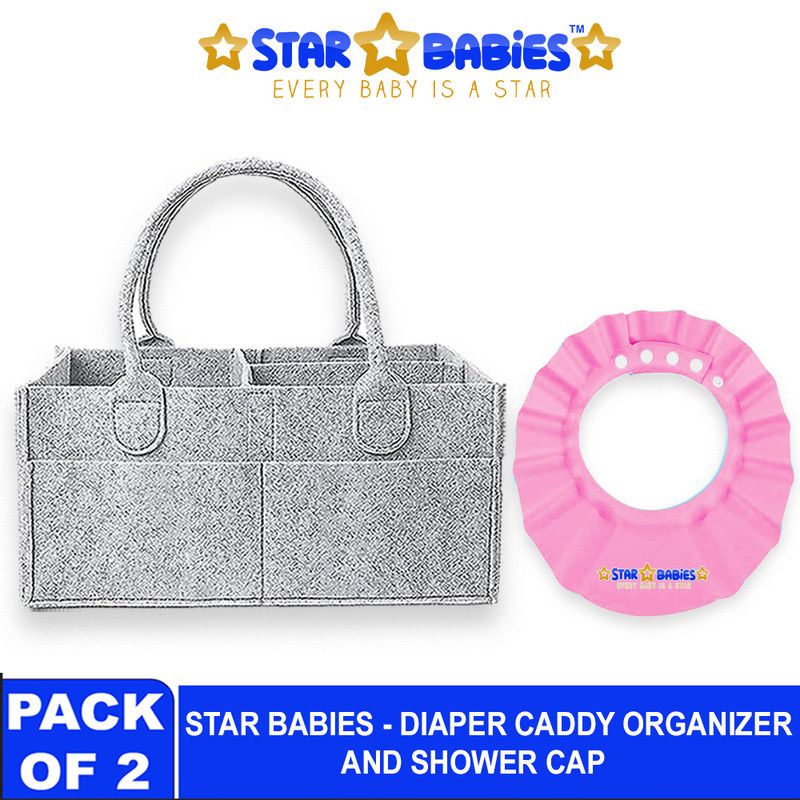 Star Babies - Baby Diaper Caddy Portable Organizer With Kids Shower Cap - Pink