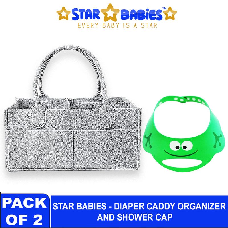 Star Babies - Baby Diaper Caddy Portable Organizer With Kids Shower Cap - Green