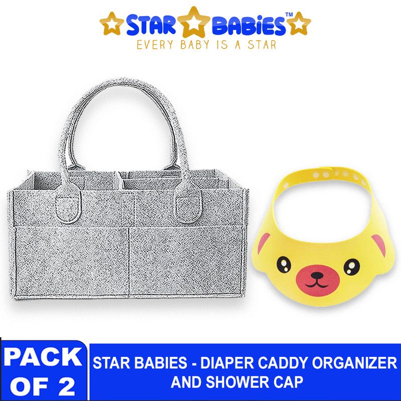 Star Babies - Baby Diaper Caddy Portable Organizer With Kids Shower Cap - Yellow