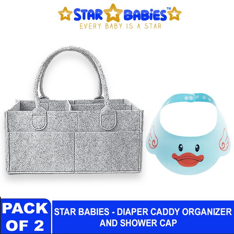 Star Babies - Baby Diaper Caddy Portable Organizer With Kids Adjustable Shower Cap - Blue