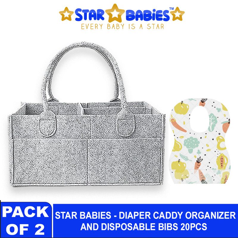 Star Babies - Baby Diaper Caddy Portable Organizer With Disposable Bibs - 20 Pcs