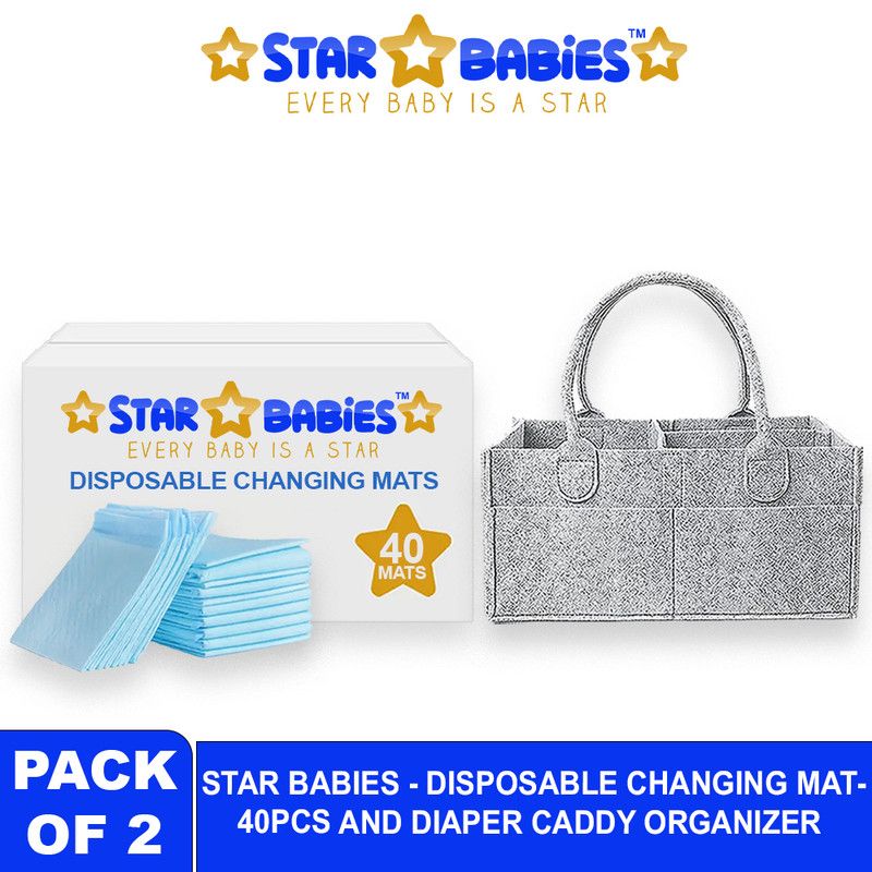 Star Babies - Baby Diaper Caddy Organizer With Disposable Changing Mat 40Pc Set - Blue