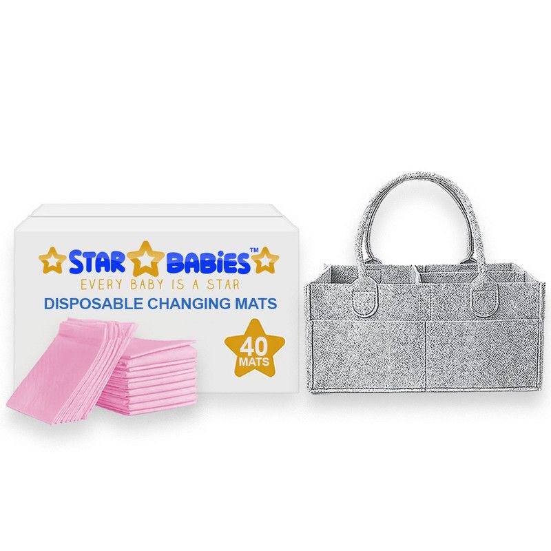 Star Babies - Baby Diaper Caddy Organizer With Disposable Changing Mat 40Pc Set - Pink