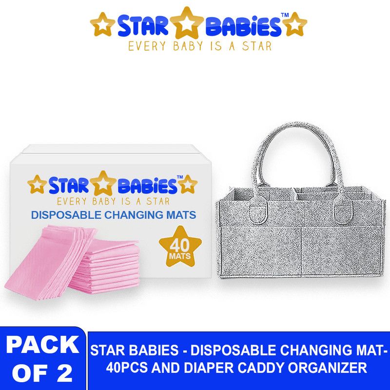 Star Babies - Baby Diaper Caddy Organizer With Disposable Changing Mat 40Pc Set - Pink