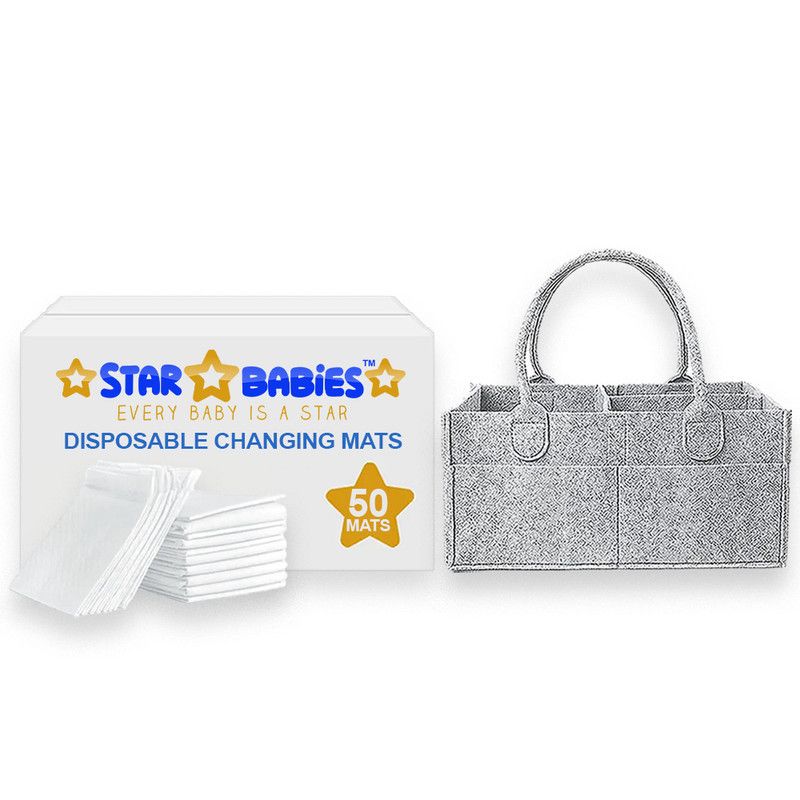 Star Babies - Baby Diaper Caddy Organizer With Disposable Changing Mat 50Pc Set - White