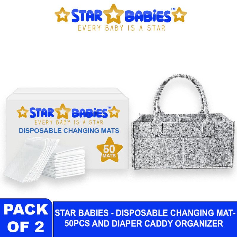 Star Babies - Baby Diaper Caddy Organizer With Disposable Changing Mat 50Pc Set - White