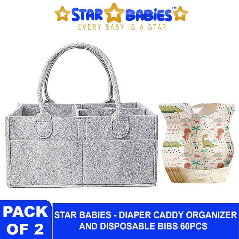 Star Babies - Baby Diaper Caddy Organizer With Disposable Bibs 60Pc Set - Grey