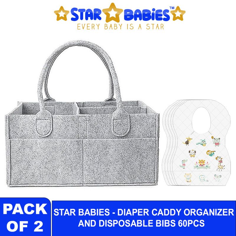 Star Babies - Baby Diaper Caddy Organizer With Disposable Bibs 60Pc Set - Grey