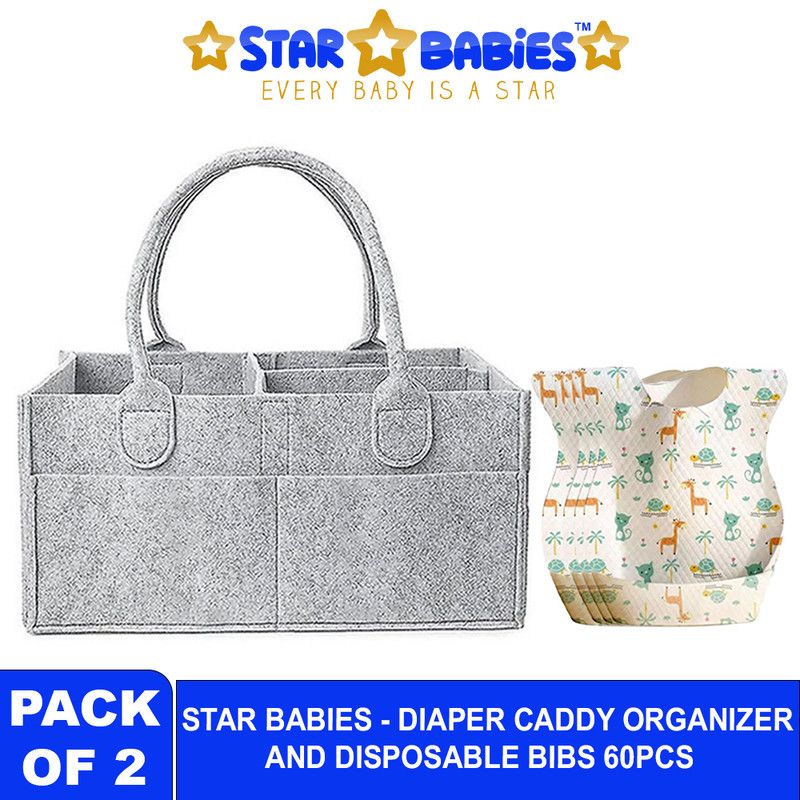 Star Babies - Baby Diaper Caddy Organizer With Disposable Bibs 60Pc Set - Grey