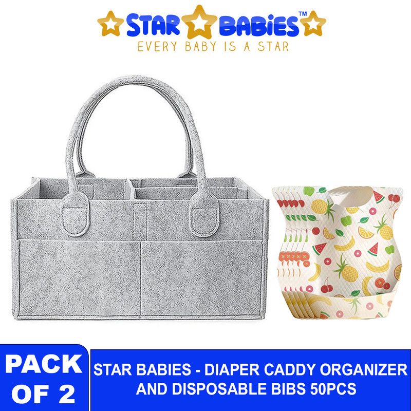 Star Babies - Baby Diaper Caddy Organizer With Disposable Bibs 50Pc Set - Grey