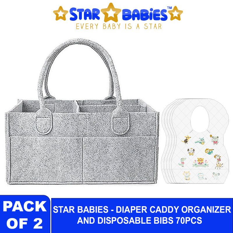 Star Babies - Baby Diaper Caddy Organizer With Disposable Bibs 70Pc Set - Grey