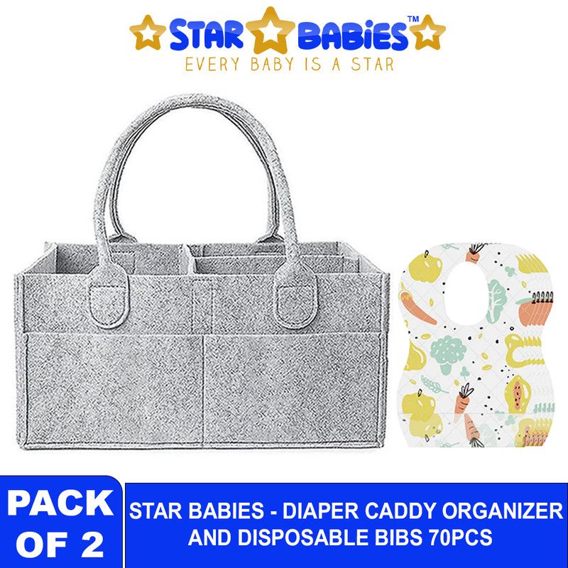 Star Babies - Baby Diaper Caddy Organizer With Disposable Bibs 70Pc Set - Grey