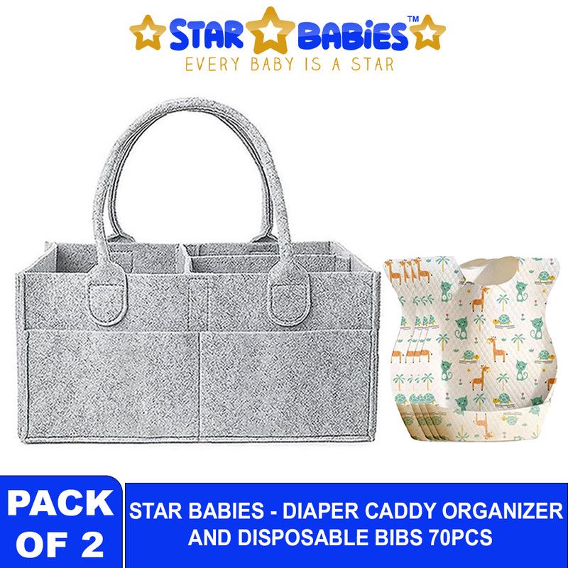 Star Babies - Baby Diaper Caddy Organizer With Disposable Bibs 70Pc Set - Grey