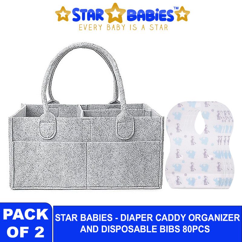 Star Babies - Baby Diaper Caddy Organizer With Disposable Bibs 80Pc Set - Grey