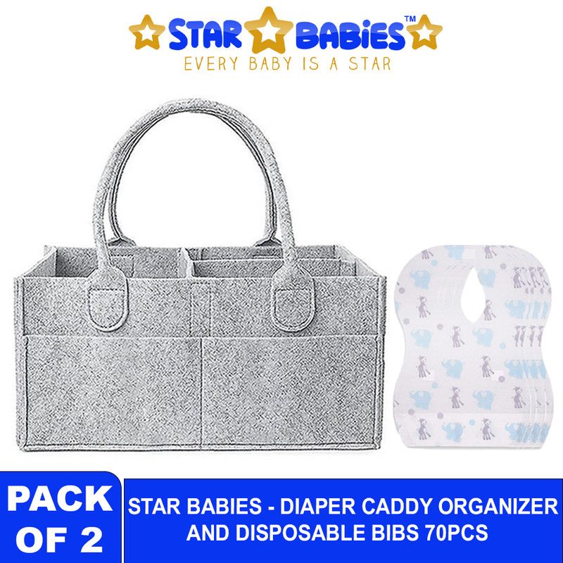 Star Babies - Baby Diaper Caddy Organizer With Disposable Bibs 70Pc Set - Grey