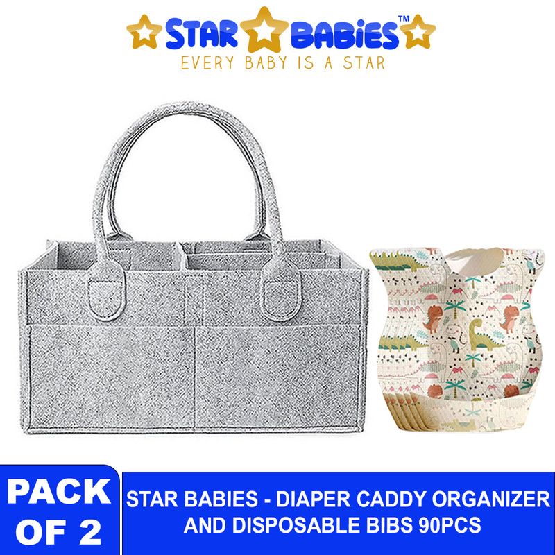 Star Babies - Baby Diaper Caddy Organizer With Disposable Bibs 90Pc Set - Grey