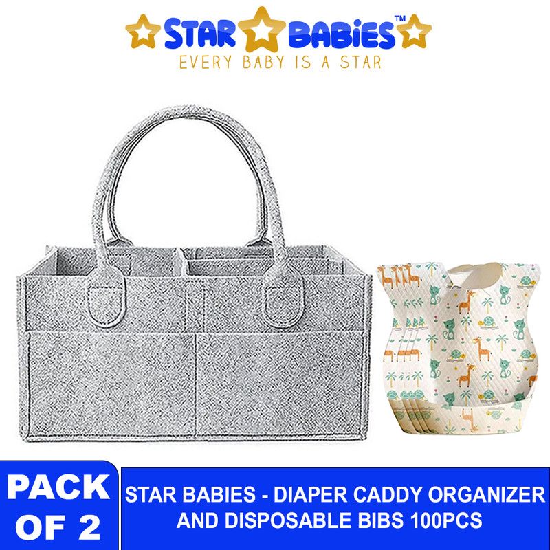 Star Babies - Baby Diaper Caddy Organizer With Disposable Bibs 100Pc Set - Grey