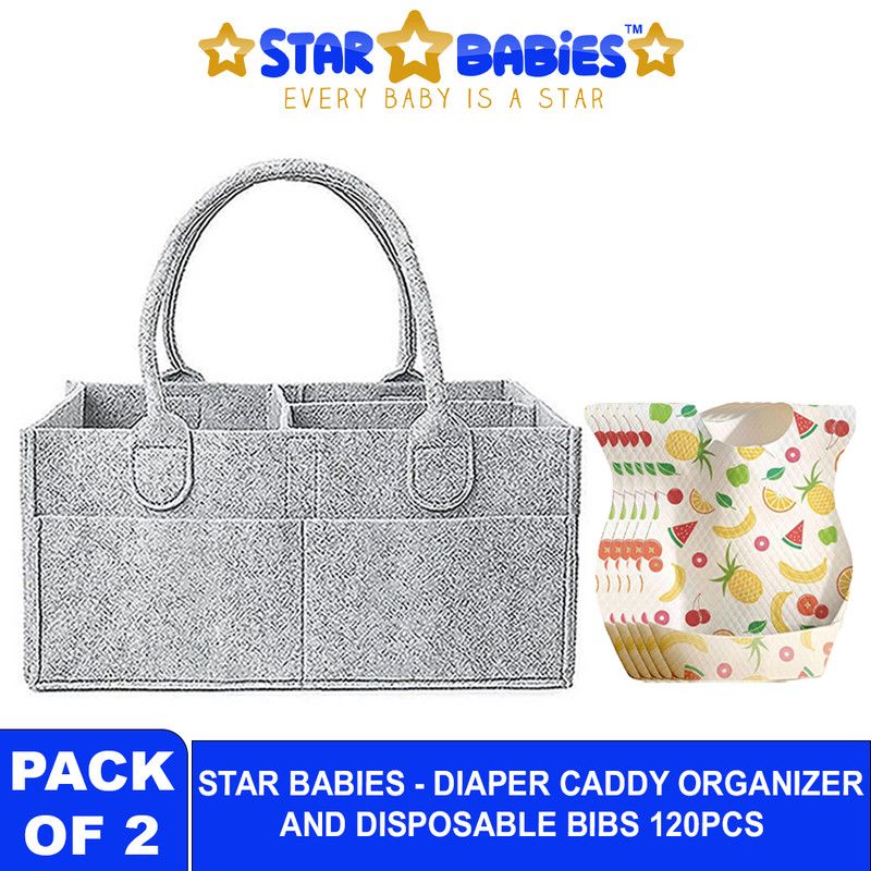 Star Babies - Baby Diaper Caddy Organizer With Disposable Bibs 120Pc Set - Grey