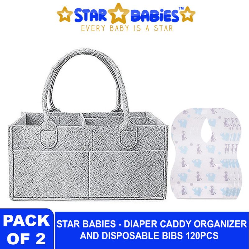 Star Babies - Baby Diaper Caddy Organizer With Disposable Bibs 120Pc Set - Grey