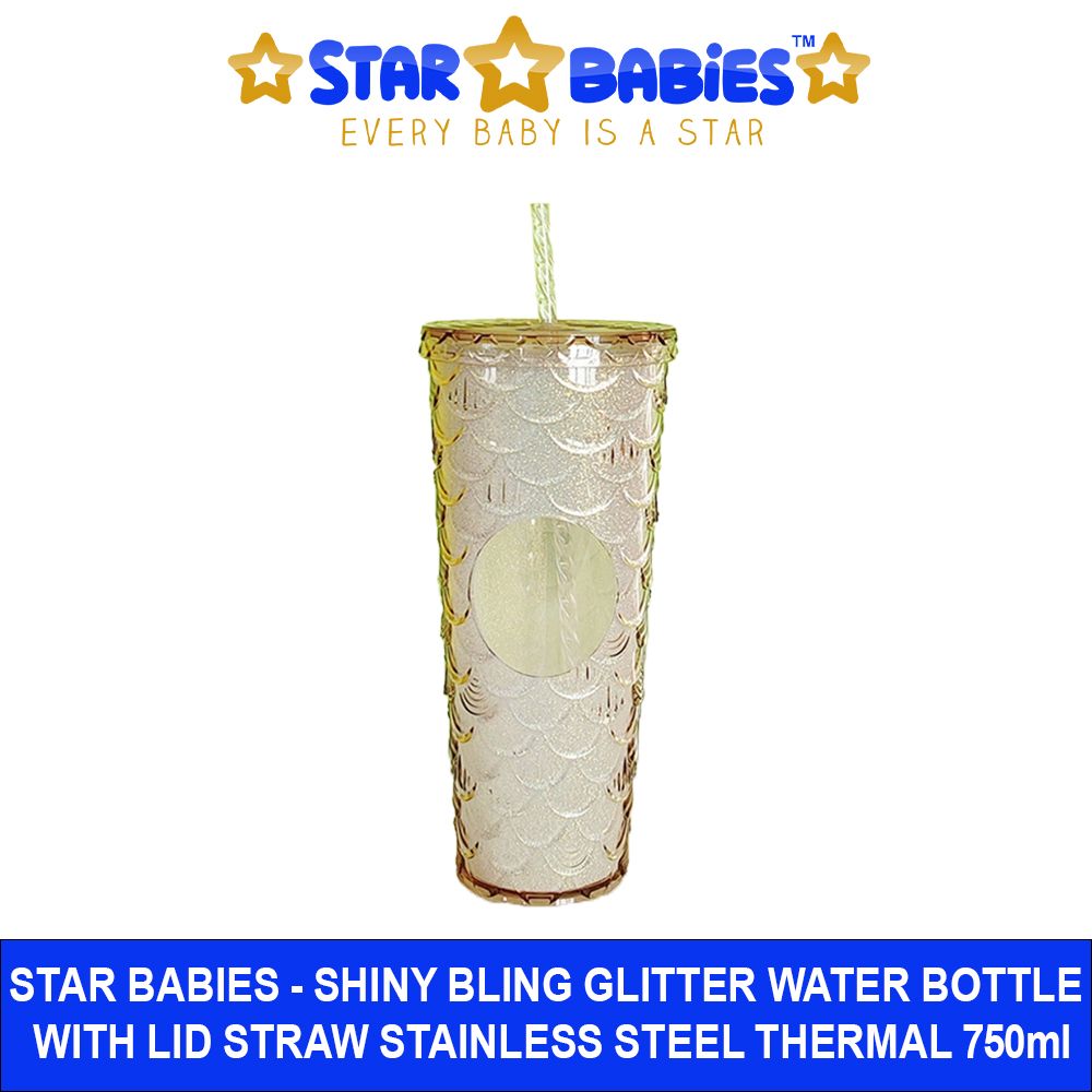 Star Babies - Shiny Bling Glitter Dimond Bottle With Lid And Straw - Gold - 750ml