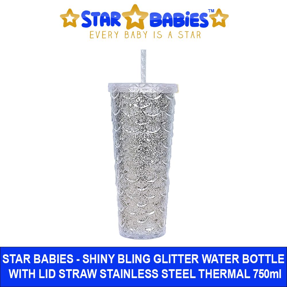 Star Babies - Shiny Bling Glitter Dimond Bottle With Lid And Straw - Silver - 750ml