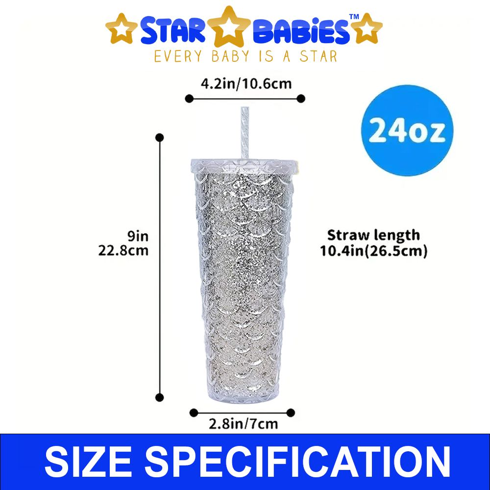 Star Babies - Shiny Bling Glitter Dimond Bottle With Lid And Straw - Silver - 750ml