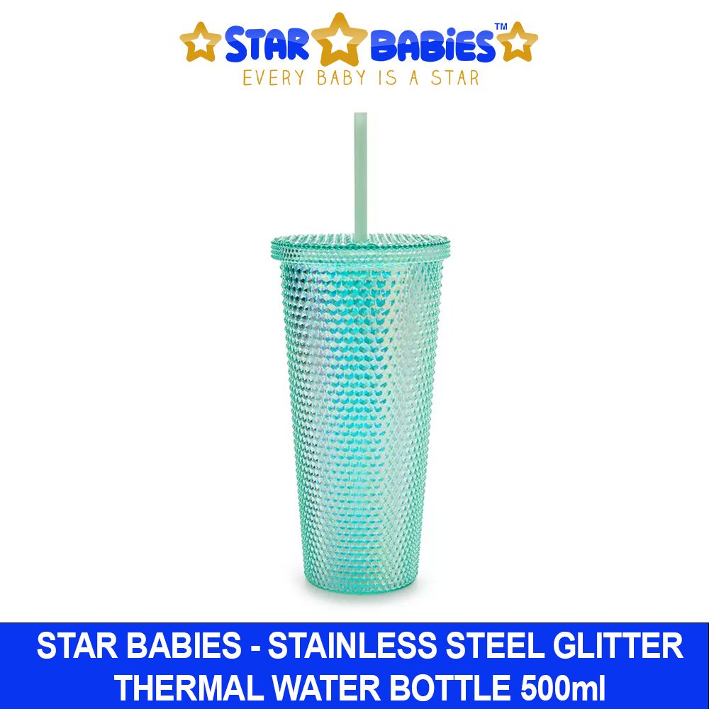 Star Babies - Shiny Bling Glitter Dimond Bottle With Lid And Straw - Blue - 750ml