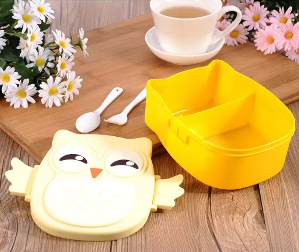 Star Babies - Cartoon Owl Lunch Box With 2 Compartments And Spoon - Yellow