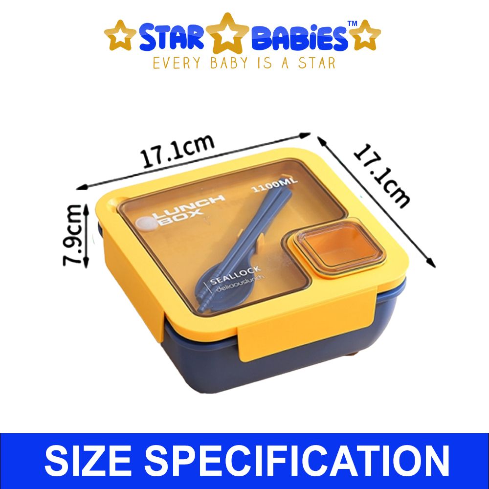 Star Babies - Lunch Box With 2 Compartments, Spoon And Fork - Yellow/Blue - 1100ml